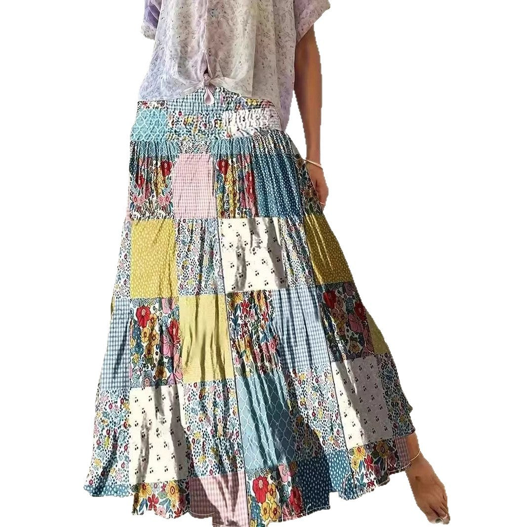 Women's Printed Stitching Popular Floral Long Skirt