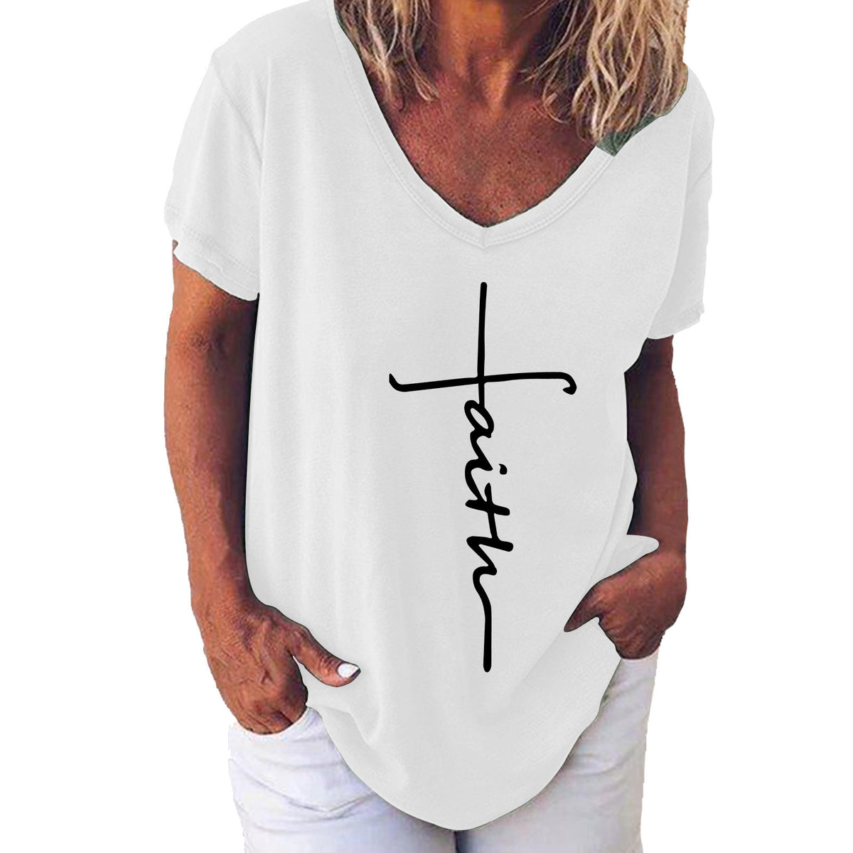 Women's Summer Casual Cross Printed Sleeve Women's T-shirt
