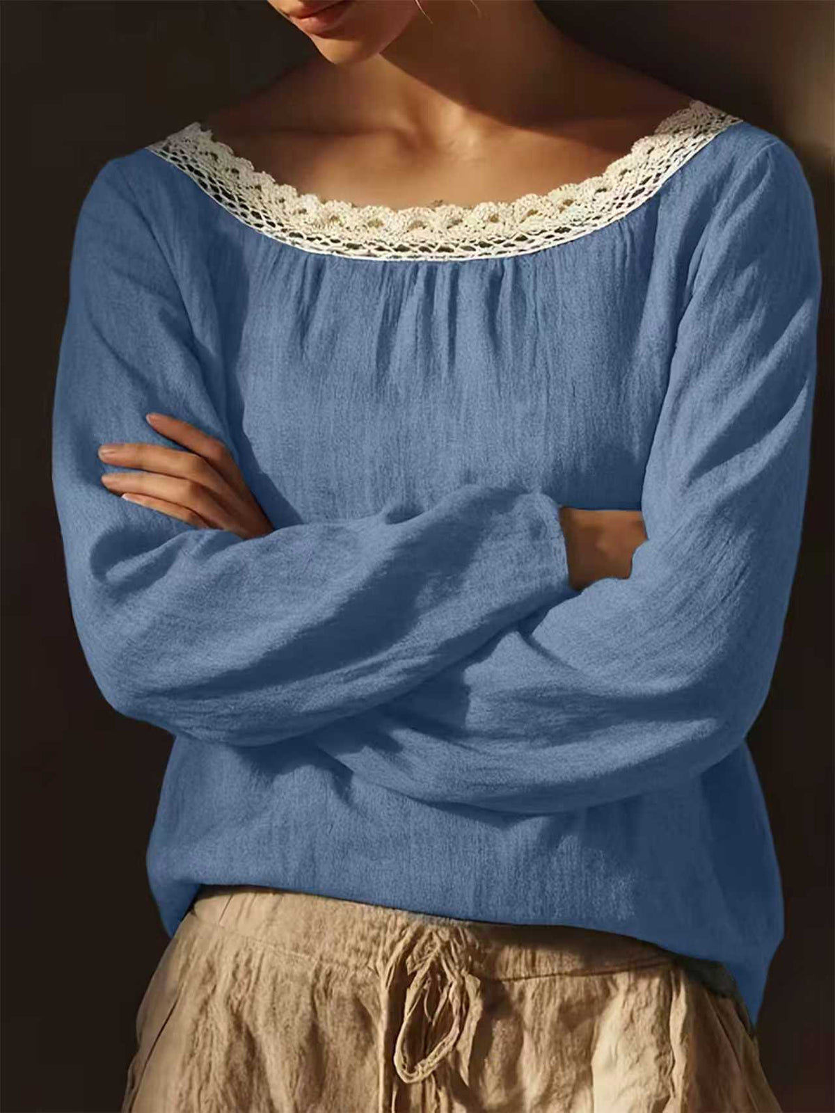 Women's Round Neck Lace Stitching Long Linen Sleeves Chinese Elegant Inner Women's T-shirt