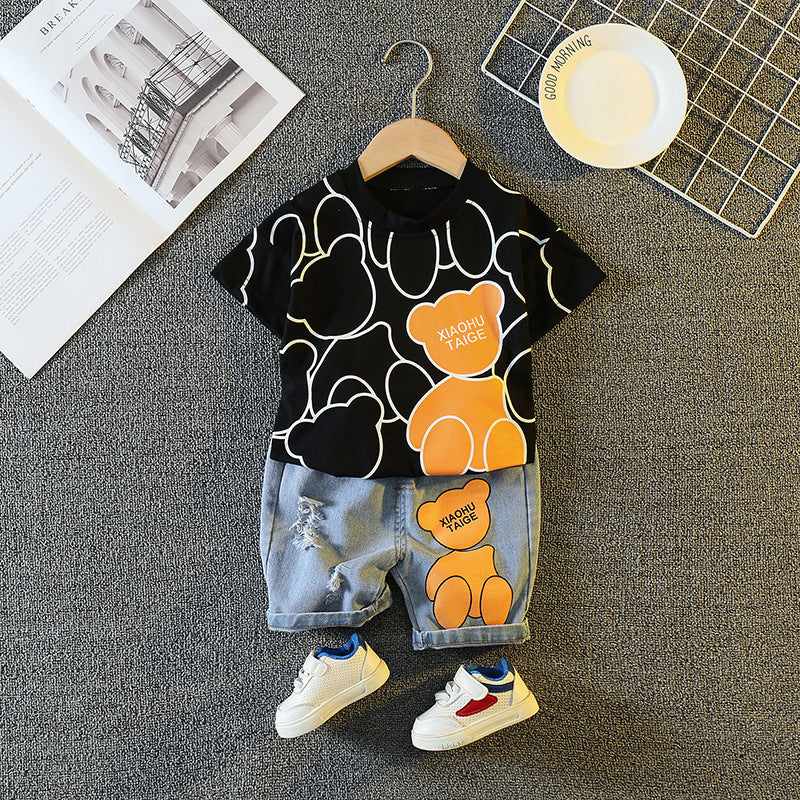 Children's Boy's Cartoon Printed Round Neck Short Sleeve T-shirt Personality Children's Suit