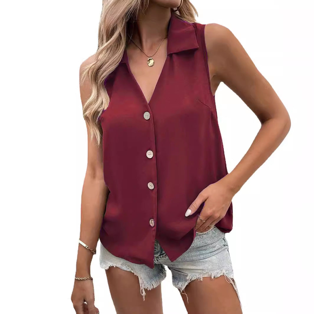 Women's Summer Solid Color Loose Sleeveless Button Lace Shirt, Chiffon Shirt