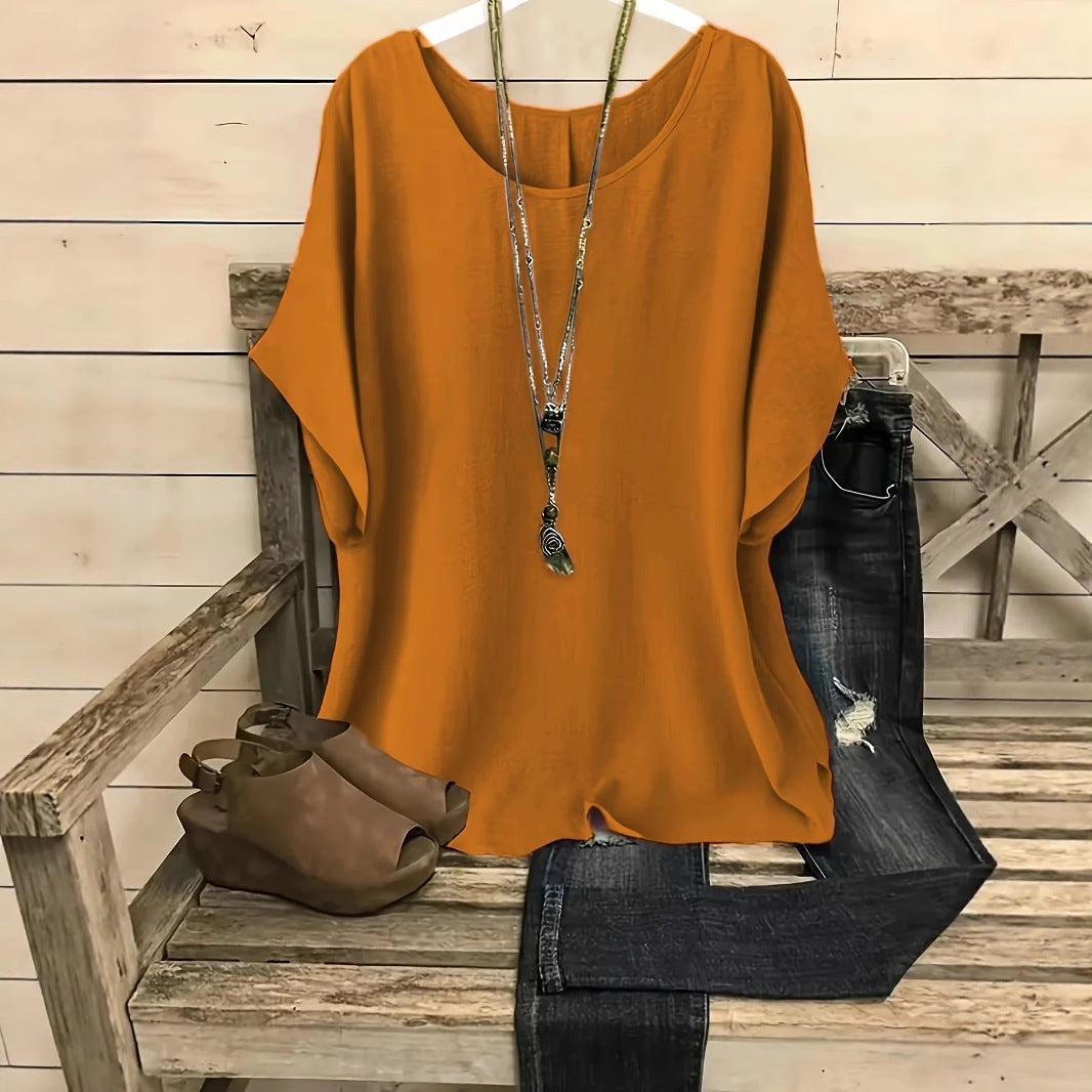 Women's Summer Retro Crew Neck Solid Color Cotton Linen Tops