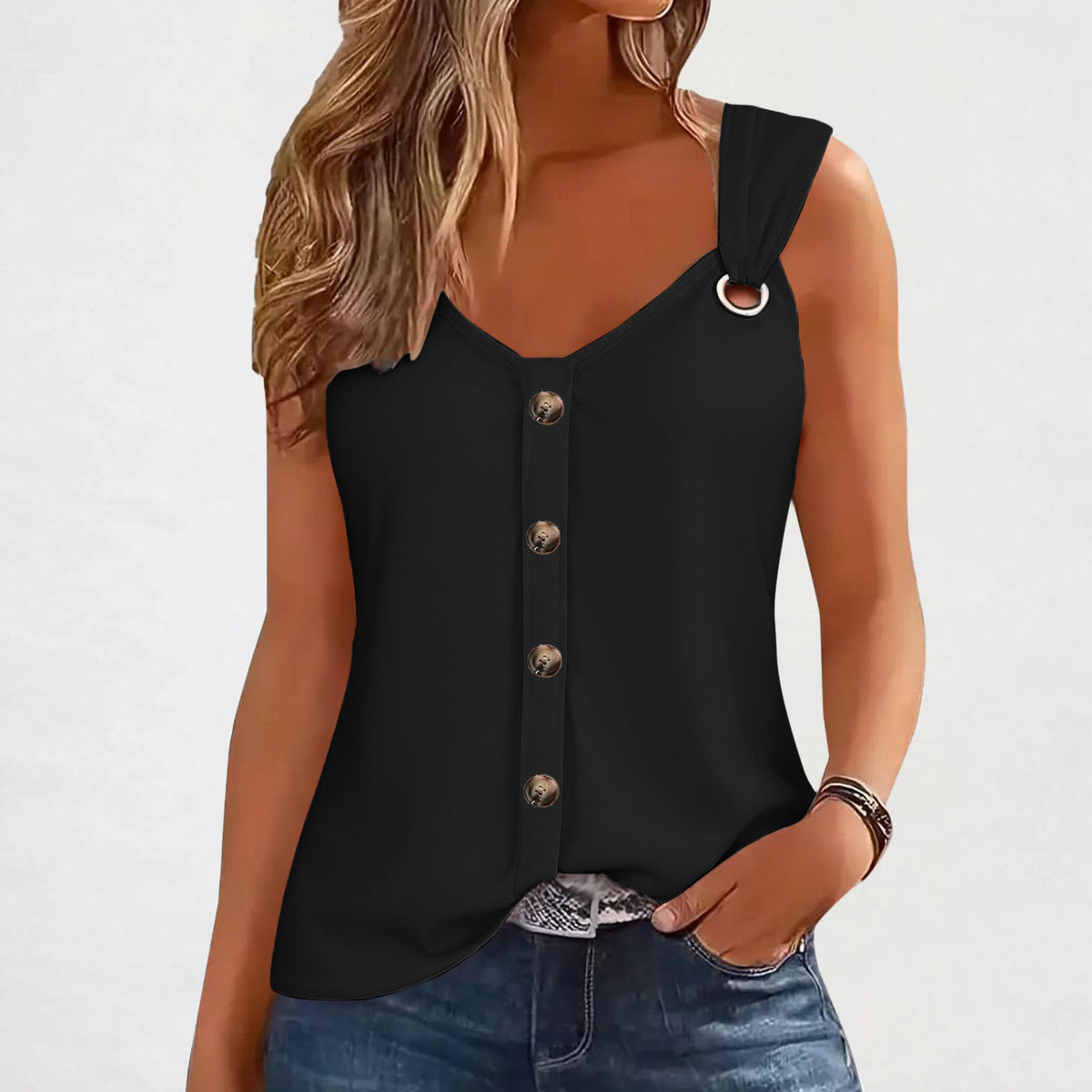 Women's Sling Button Solid Color Fashion T-shirt Vests