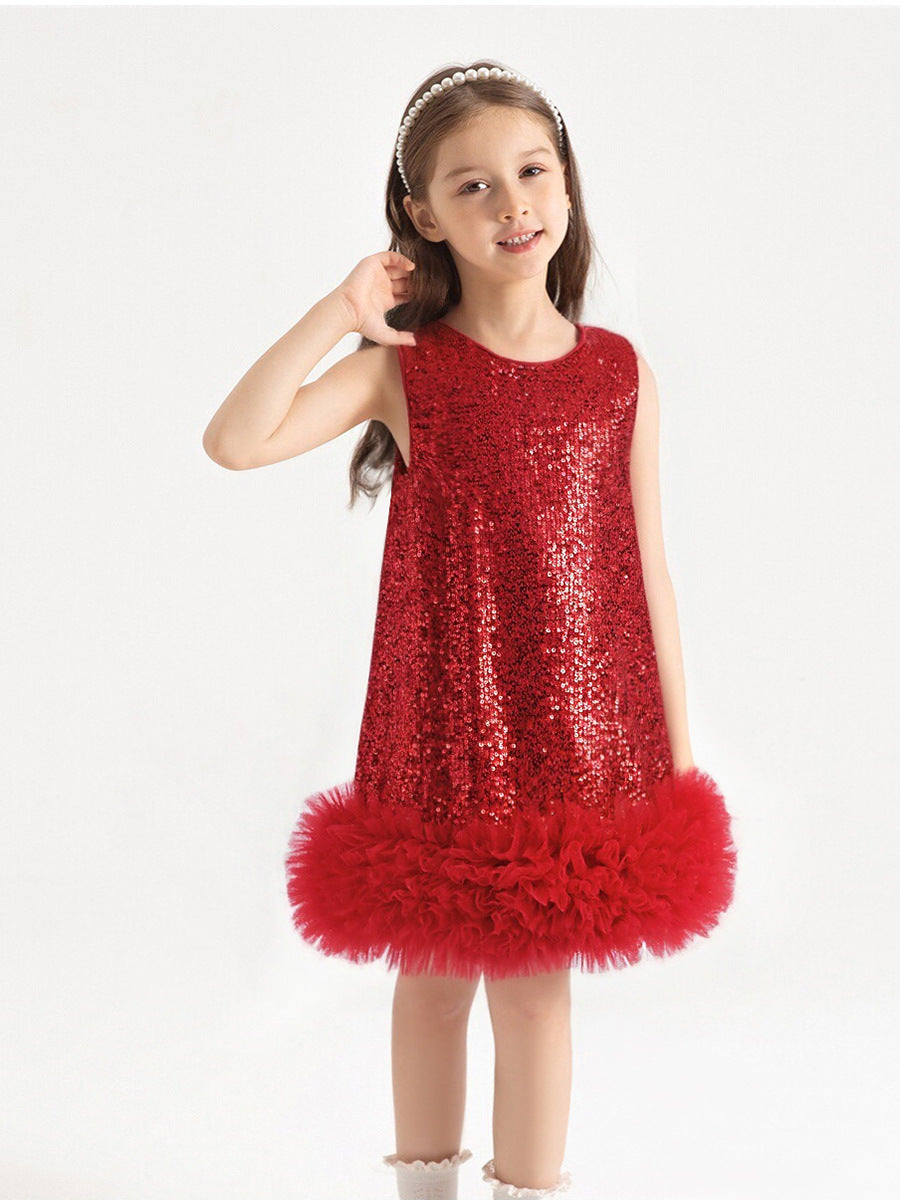 Children's Leaf Clothing Vest Sequin Gauze Fashionable Princess Children's Dress