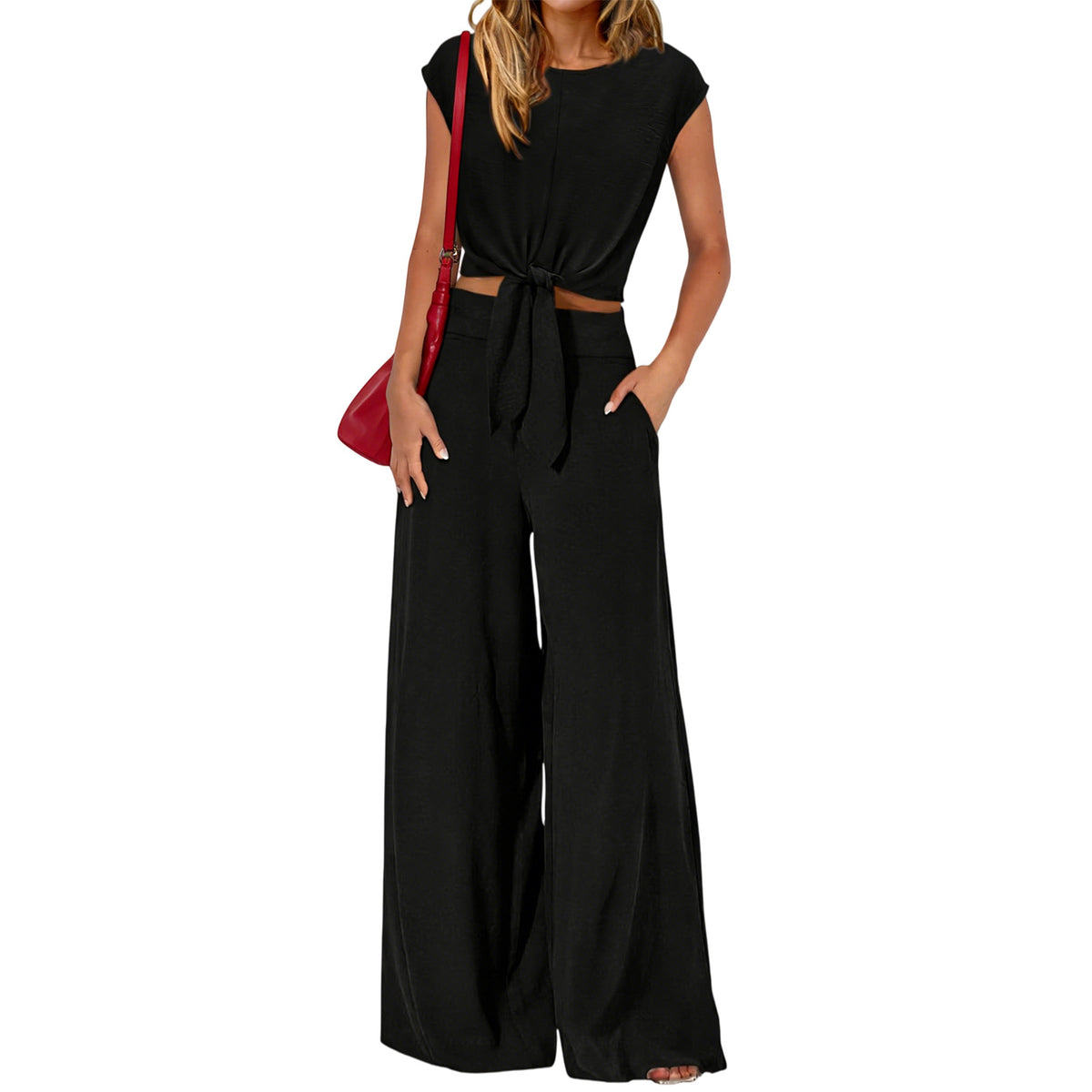 Women's Sleeveless Round Neck Tied Cropped Suits