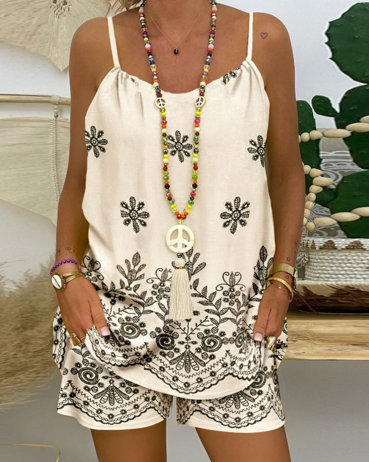 Vacation Style Floral Print Spaghetti Strap Tank Pocket Fashion Casual Suit