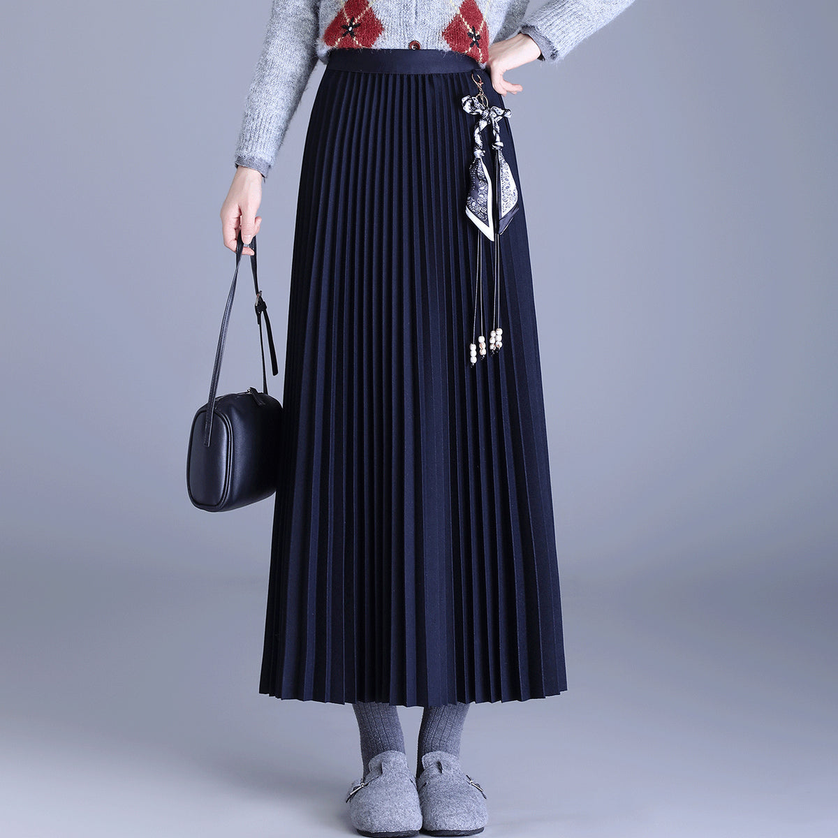 Scarf Pleated Thickened Woolen Mid-length High Waist Slimming Skirts