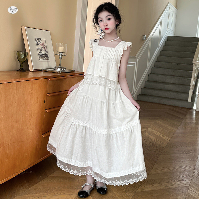 French Embroidery Summer Middle Big Flying Sleeve Top A- Line Children's Suit