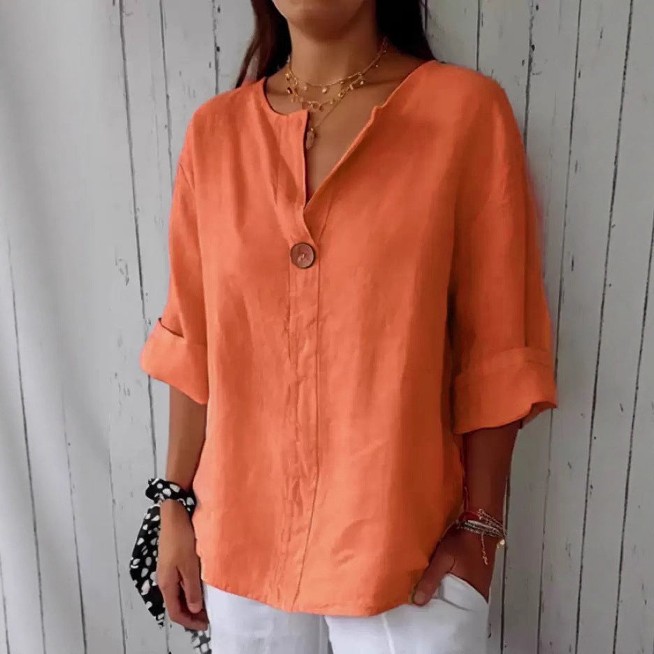 Women's Summer Loose Solid Color Buttons Cotton Blouse
