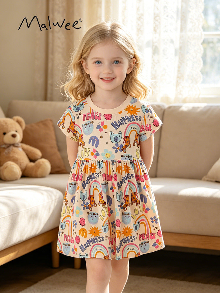 Children's Summer Casual Printed Short Sleeves Round Neck Children's Dress