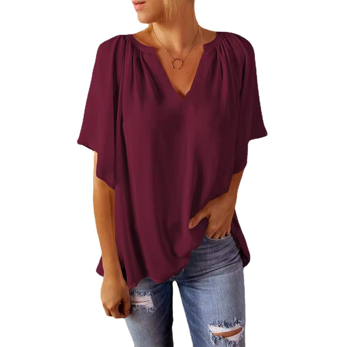 Women's Summer Loose Half Sleeve T-shirt Pullover Lace Shirt, Chiffon Shirt