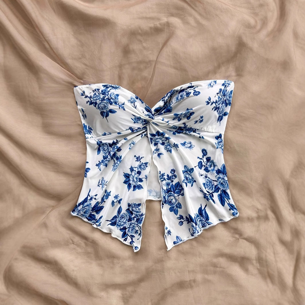 Printed Asymmetric Hem Vacation Style Wrapped Small Vest/suspenders/tube Top