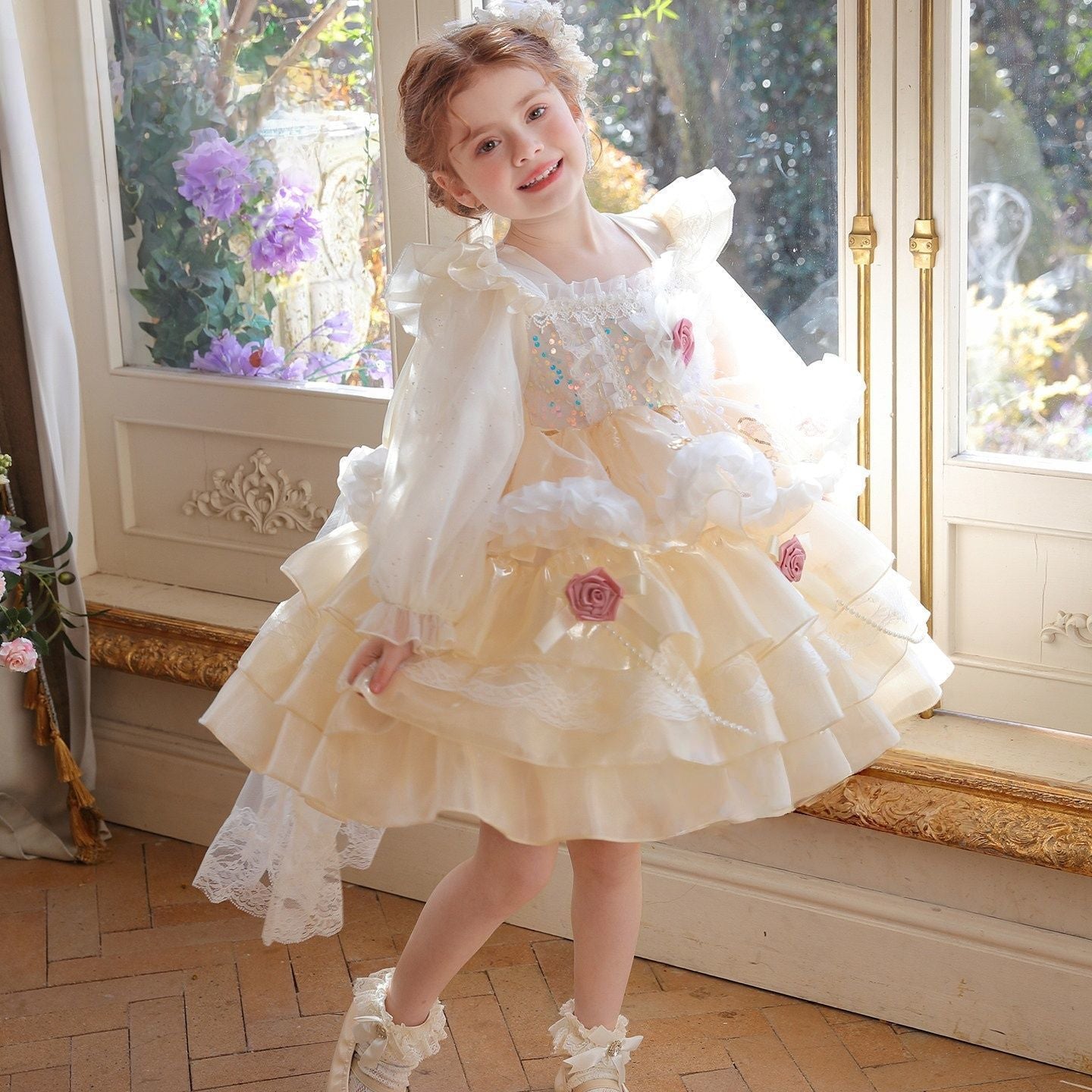 Children's Princess Long Sleeve Mesh Cake Rose Decorative Tulle Children's Dress