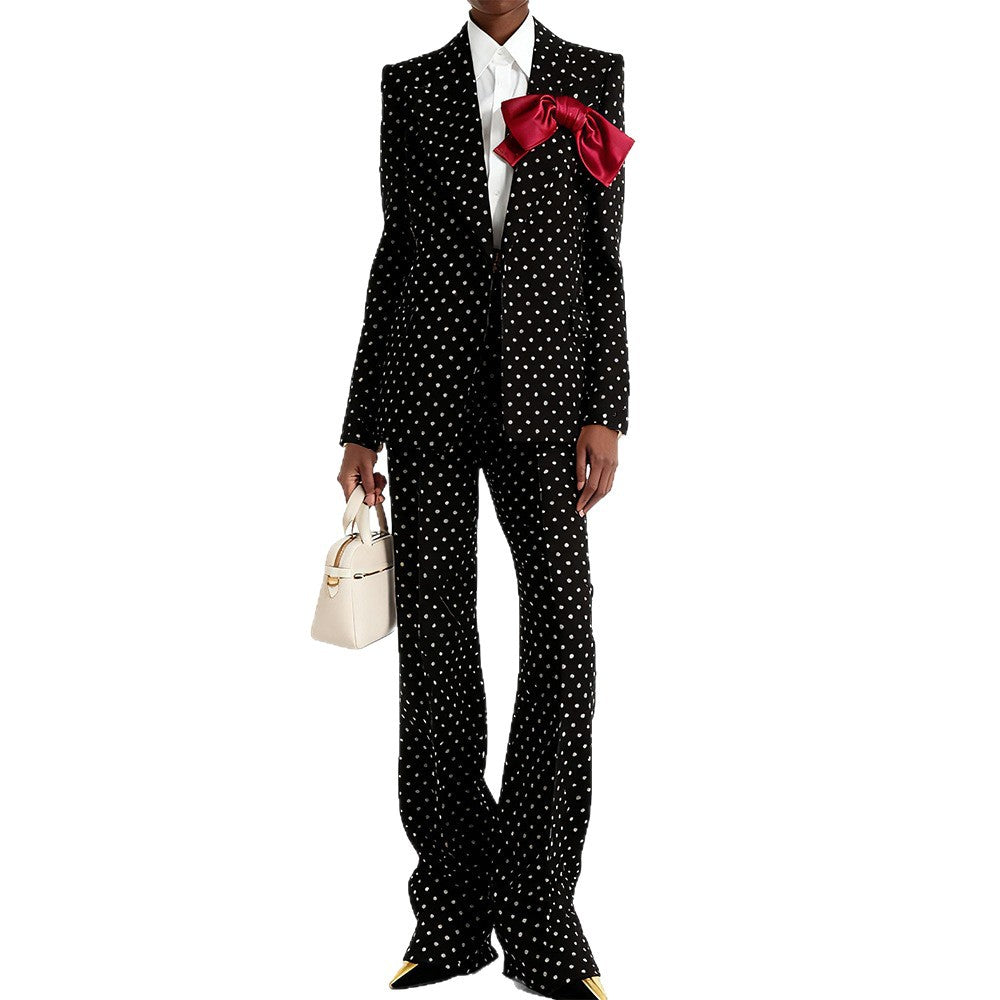 Bow Decoration Polka Dot Dots Trousers Two-piece Fashion Casual Suit