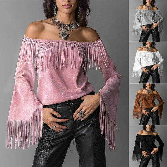 Women's Retro Tassel Suede Flared Long Sleeve Western Women's T-shirt