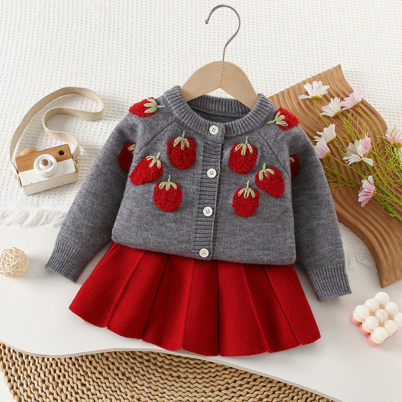 Children's Sweater Strawberry Knitted Skirt Korean Style Fashionable Long Sleeve Cardigan Children's Suit
