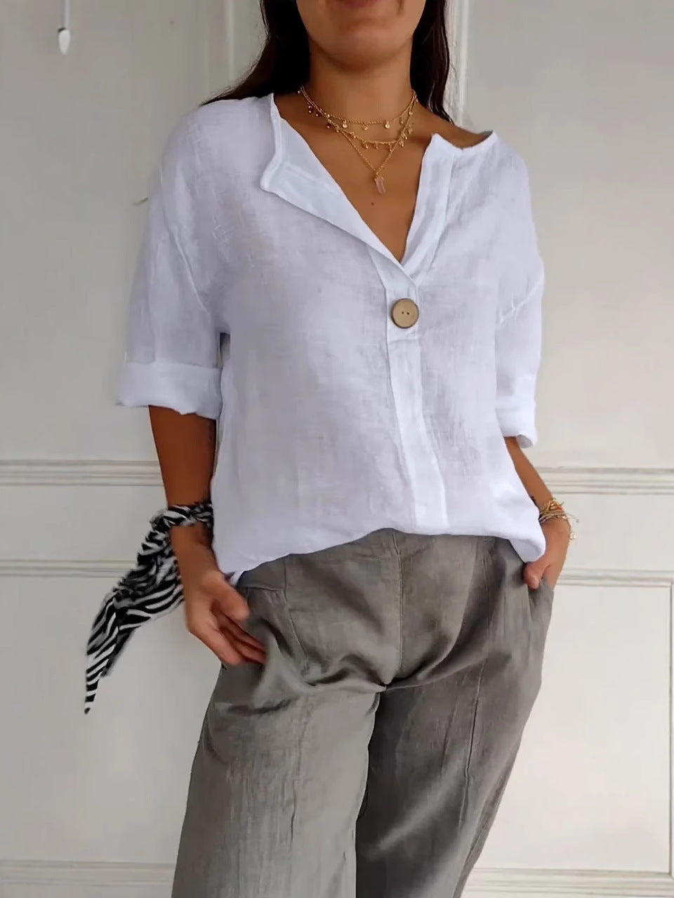 Women's Autumn Casual Loose T-shirt Buttons Cotton Tops