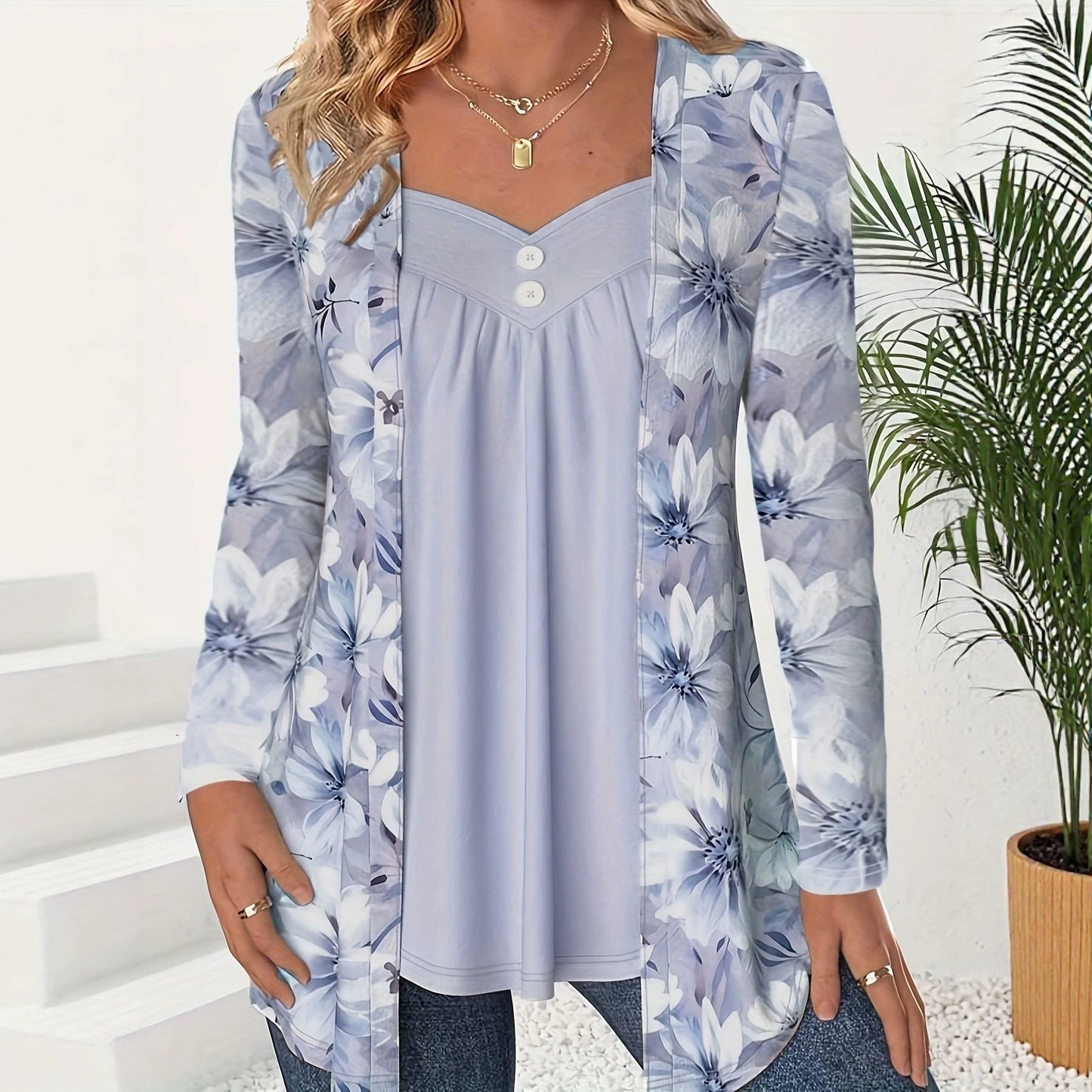 Women's Fake Two-piece Printed Fashion Button Long-sleeved Tops