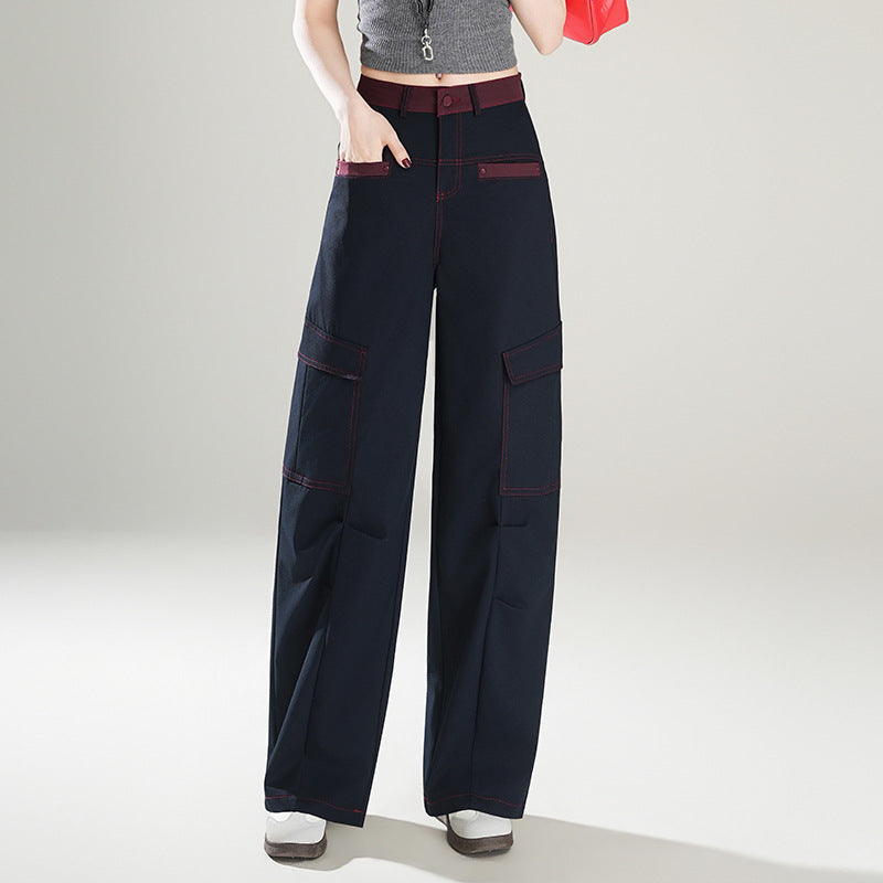 Contrast Color Overalls High Waist Slimming Loose Mop Machete Casual Pants