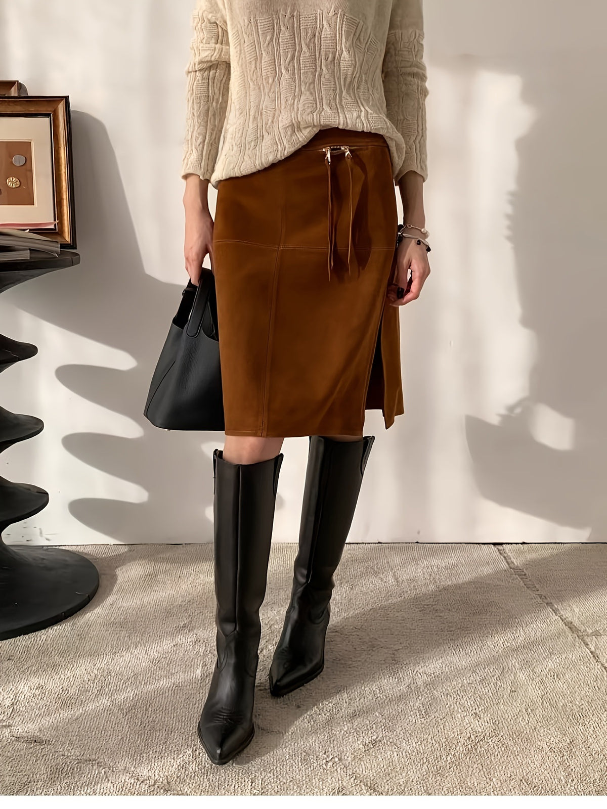 Casual Fashion Suede Old Money Style Retro Pure Skirt