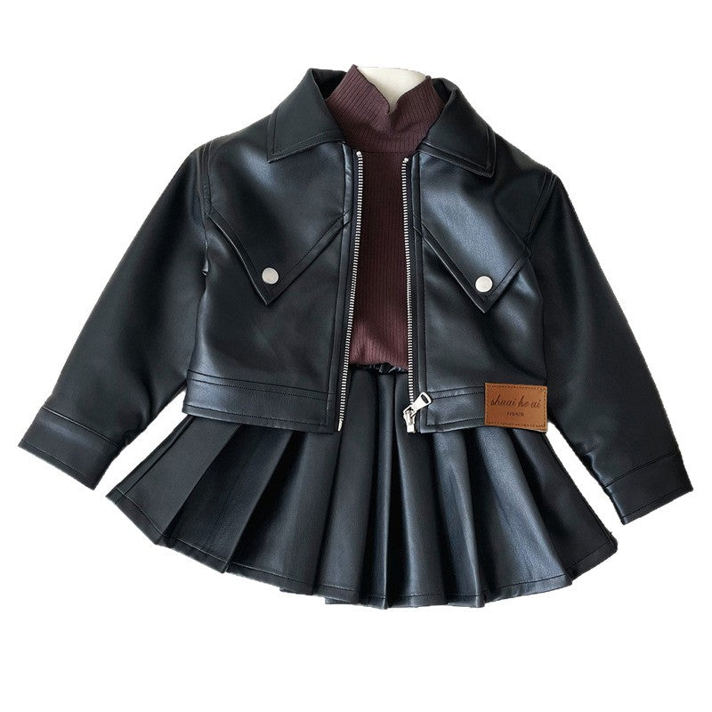 Children's Autumn Leather Little Korean Fashion Motorcycle Clothing Coat Pleated Skirt Children's Suit