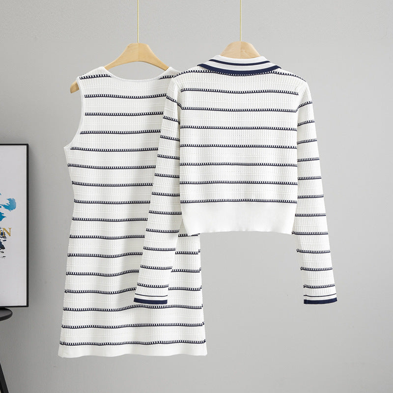 Women's Long Sleeve Striped Dress Two-piece Set Wool Fashion Casual Suit