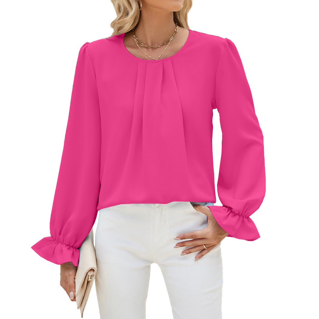 Solid Color Round Neck Loose Long Tops