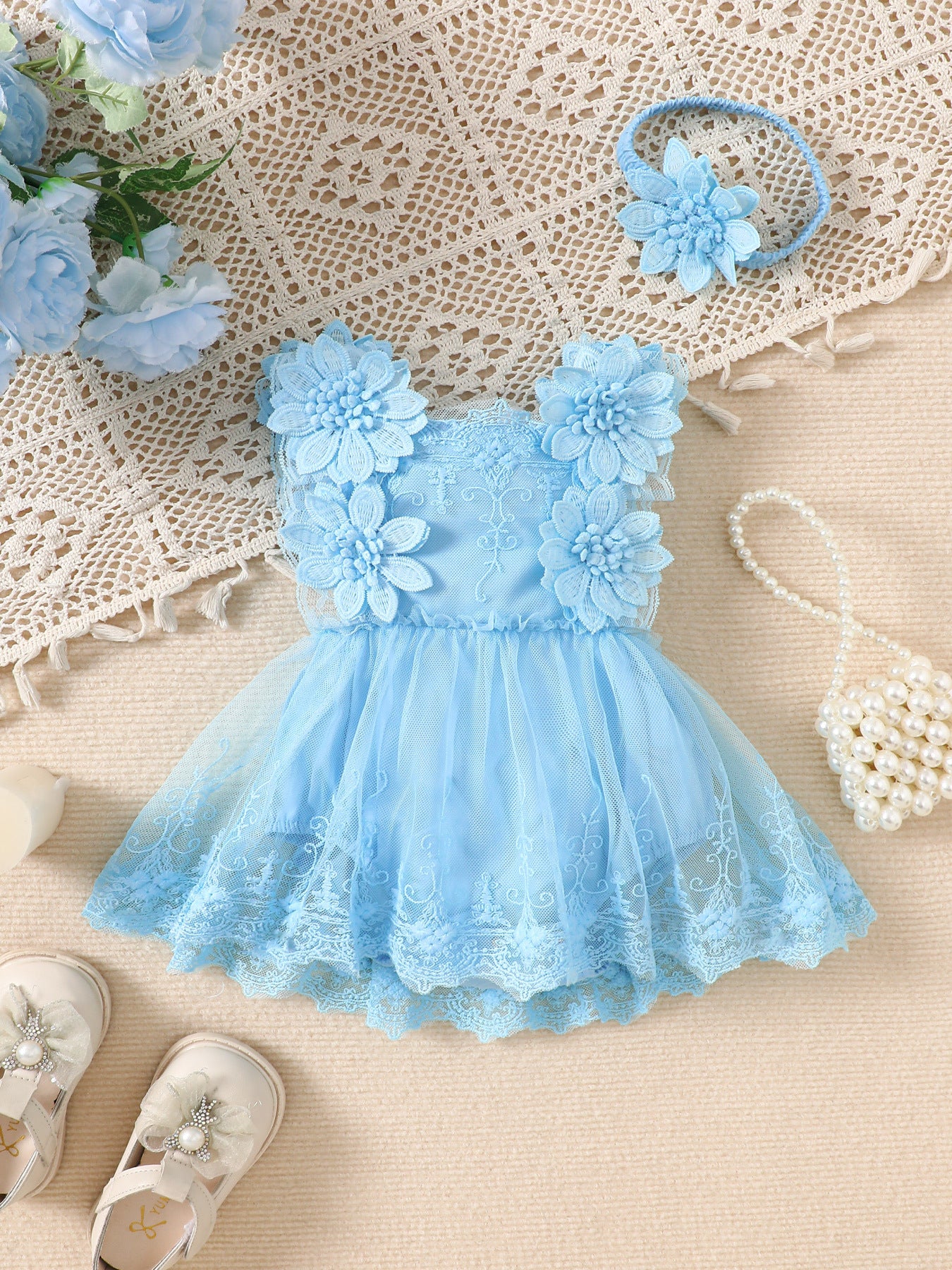 Trim Mesh Rompers Flower Romper Tulle Tutu Princess Dress Hair Jumpsuit, Climbing Suit
