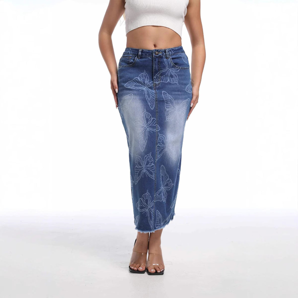 Women's Butterfly Print High Waist Denim Long Skirt
