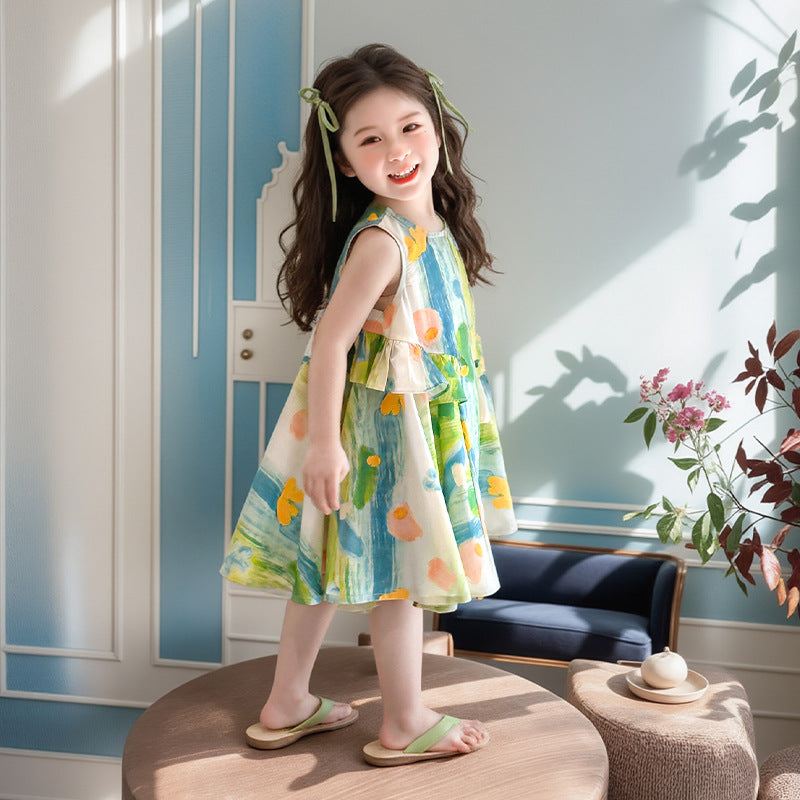 Children's Western Style Fashion Sleeveless Beach Skirt Cotton Children's Dress