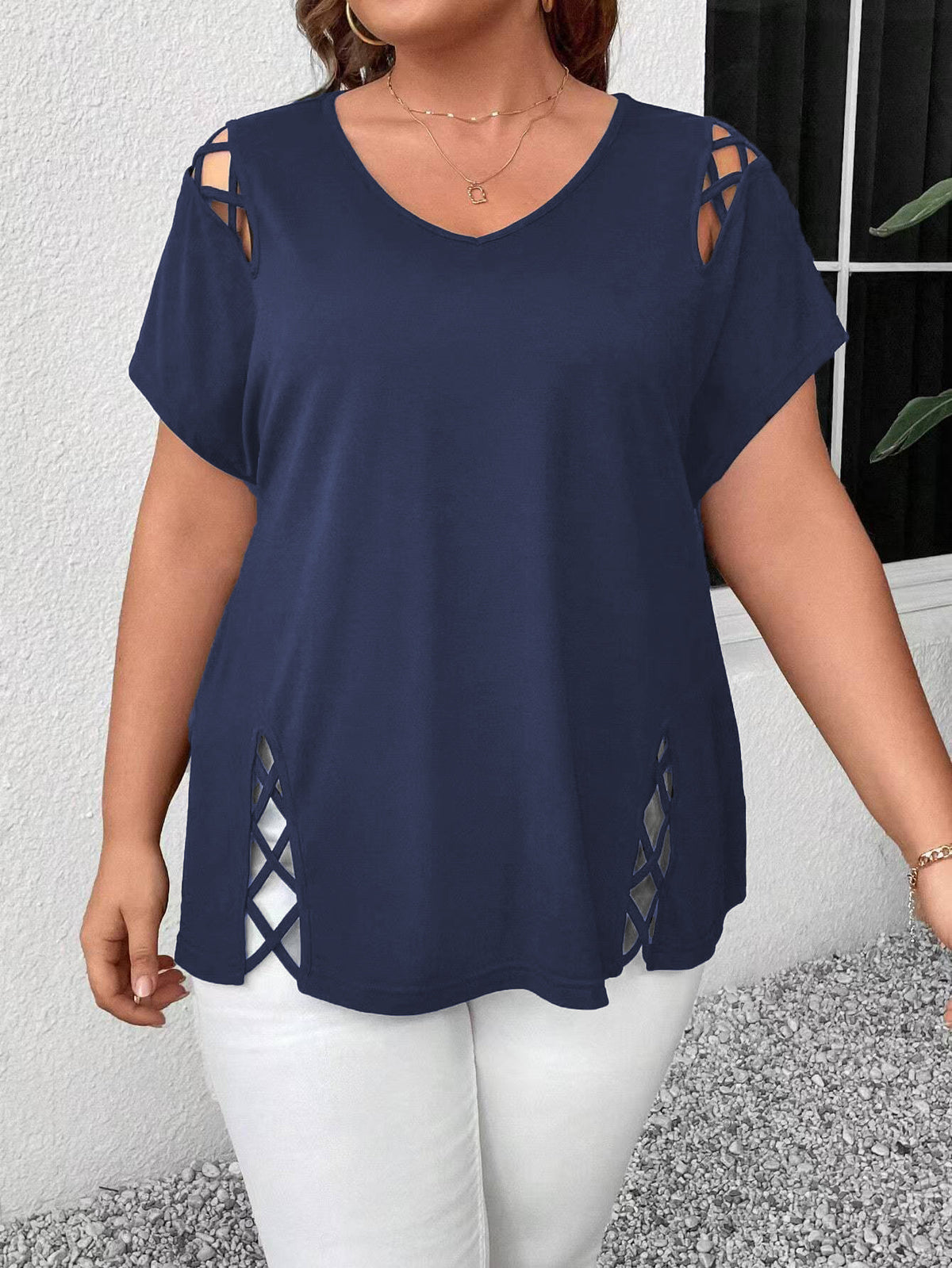 Women's Summer Solid Color Cross Sleeve Slimming Large Size T-shirt
