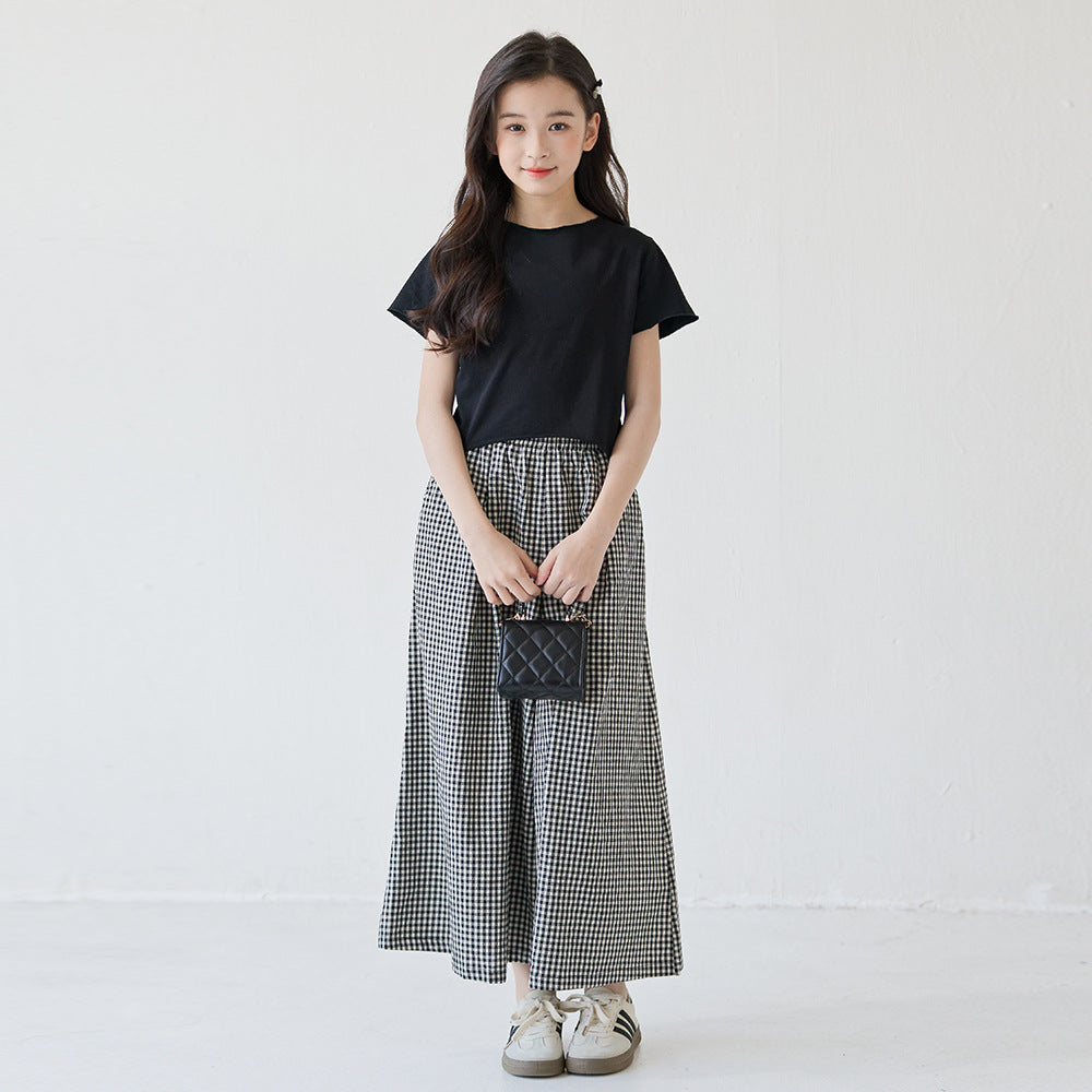 Trendy Tartan Skirt Blouse Pants Casual Short Top Two-piece Children's Suit