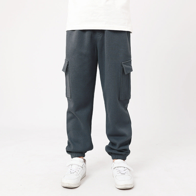 Korean Style Boys Medium Big Solid Color Sports Overalls Female Children's Pants