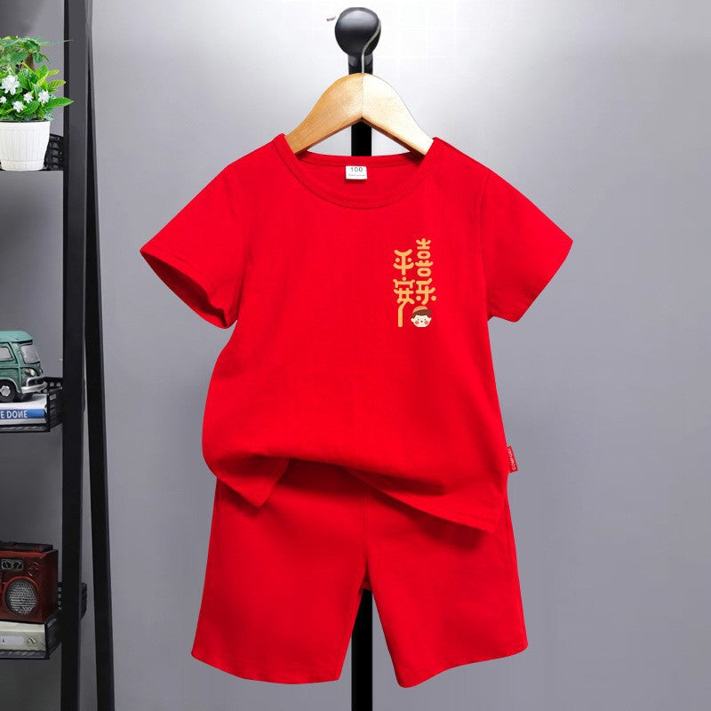 Children's Year's Day Costume Red Short-sleeved Siblings Clothes Children's Suit
