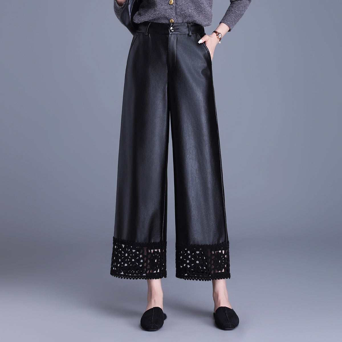 Women's Stitching Leather High Waist Loose Slimming Pants