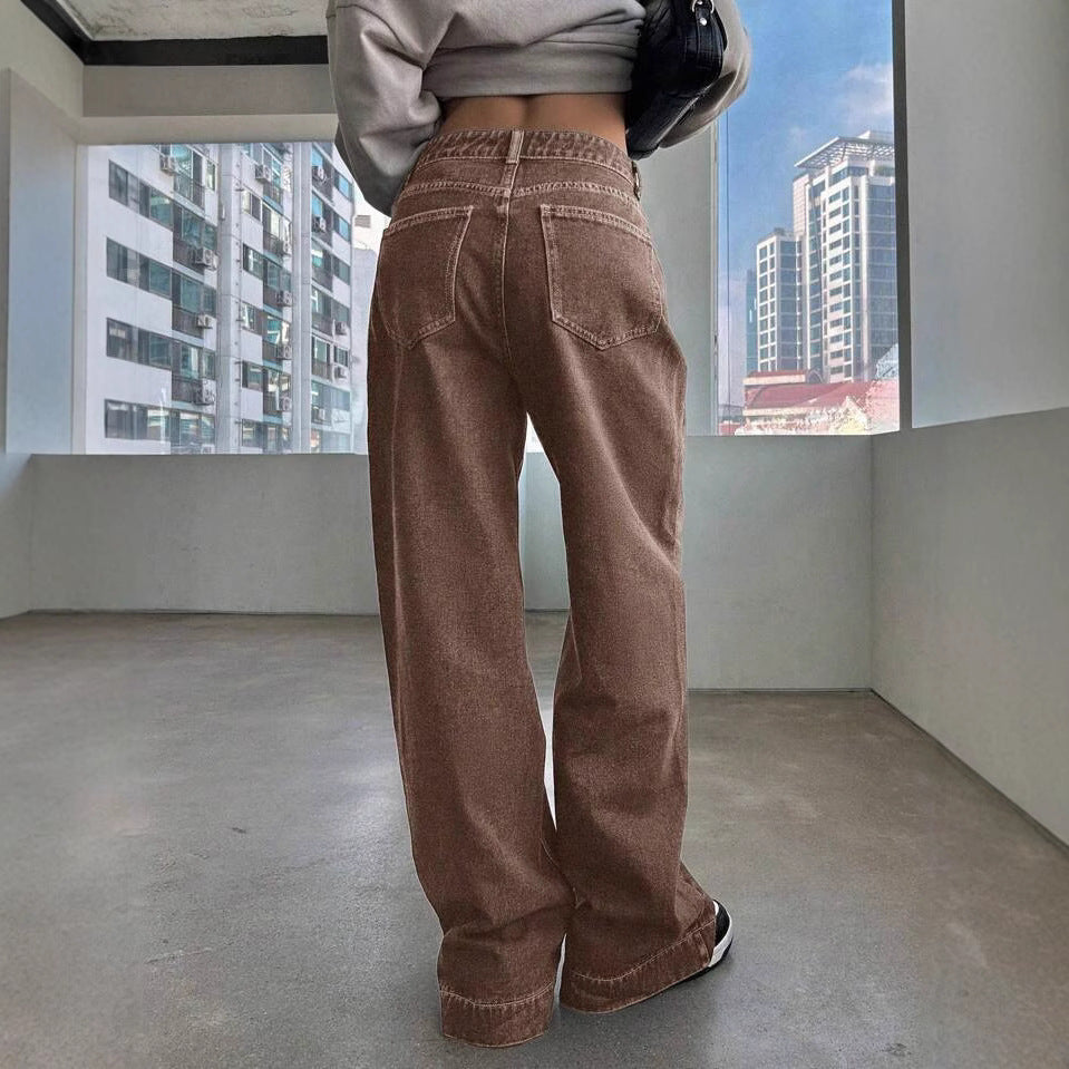 Women's Waist Straight Coffee Color Washed Retro Loose American Gradient Brown Women's Jeans