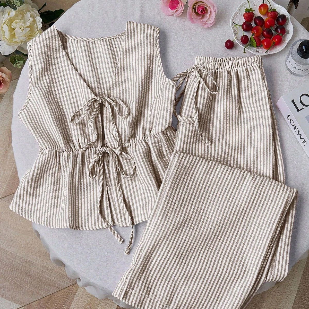 Color Striped Lace Up Wild Loose Trousers Fashion Casual Suit