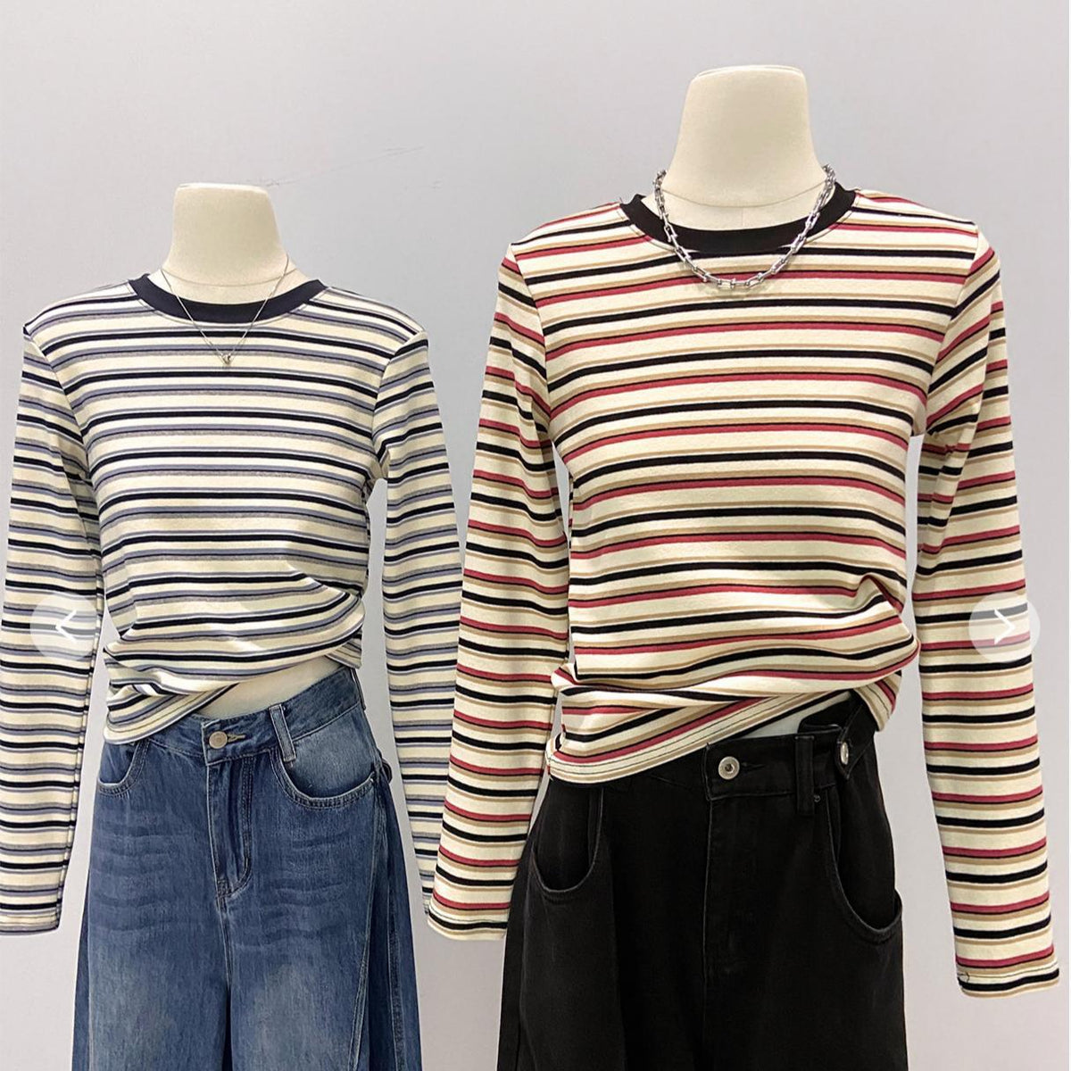 Women's Color Striped Spring Long-sleeved Bottoming Shirt Retro Warm Slim Fit Tops