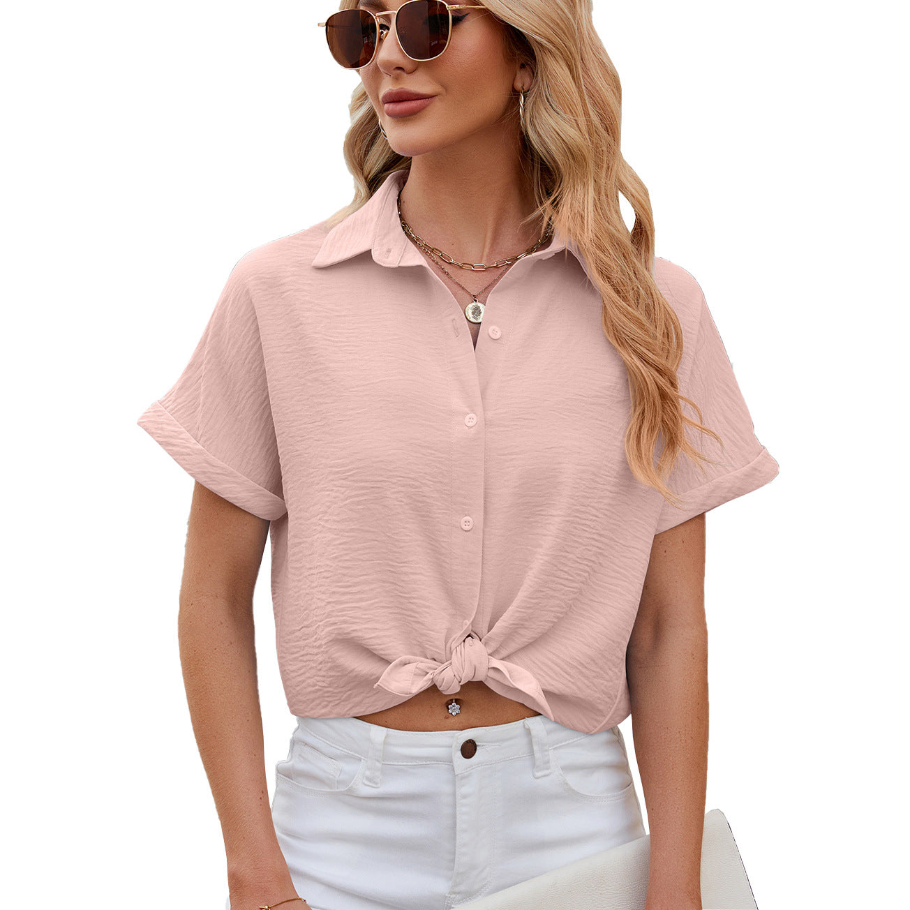 Solid Color Polo Collar Short-sleeved Button Lace Shirt, Chiffon Shirt