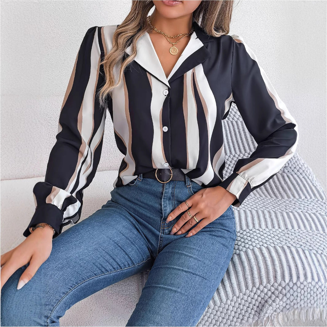 Women's Versatile Contrast Color Striped Collar Long Lace Shirt, Chiffon Shirt