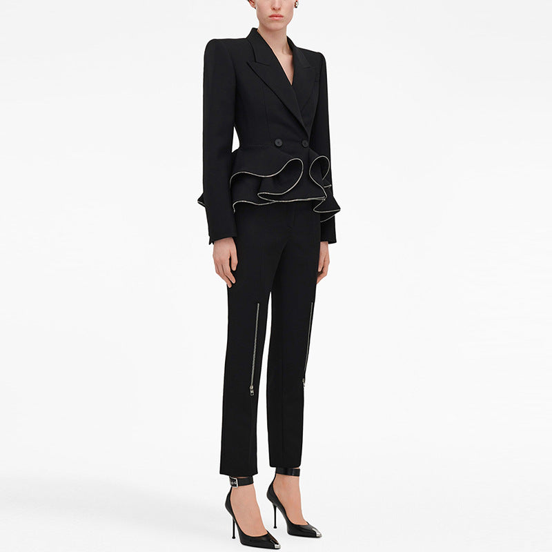 Unique Zipper Ruffled Skinny Two-piece Set Fashion Casual Suit