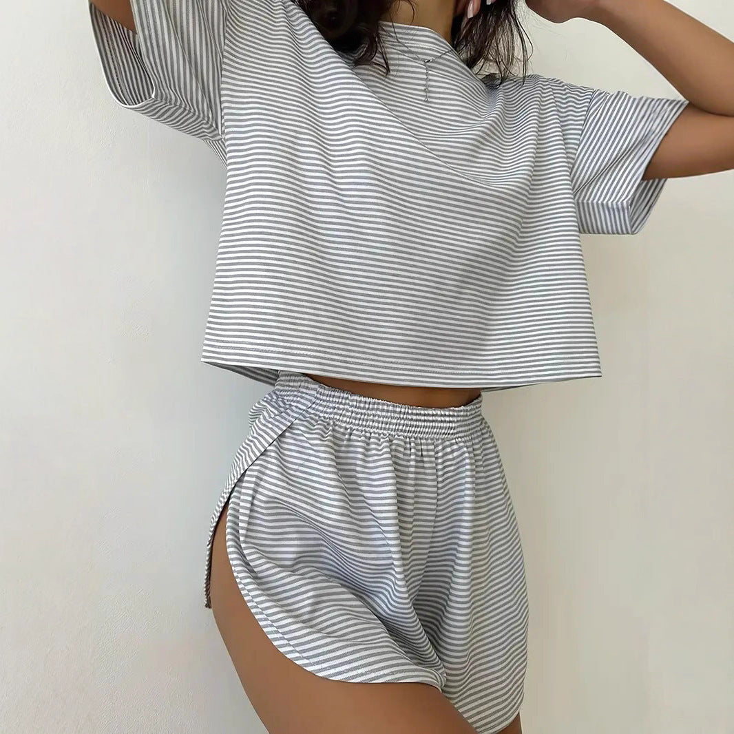 Women's Simple Elastic Waist Comfortable Home Striped Sleeve Fashion Casual Suit