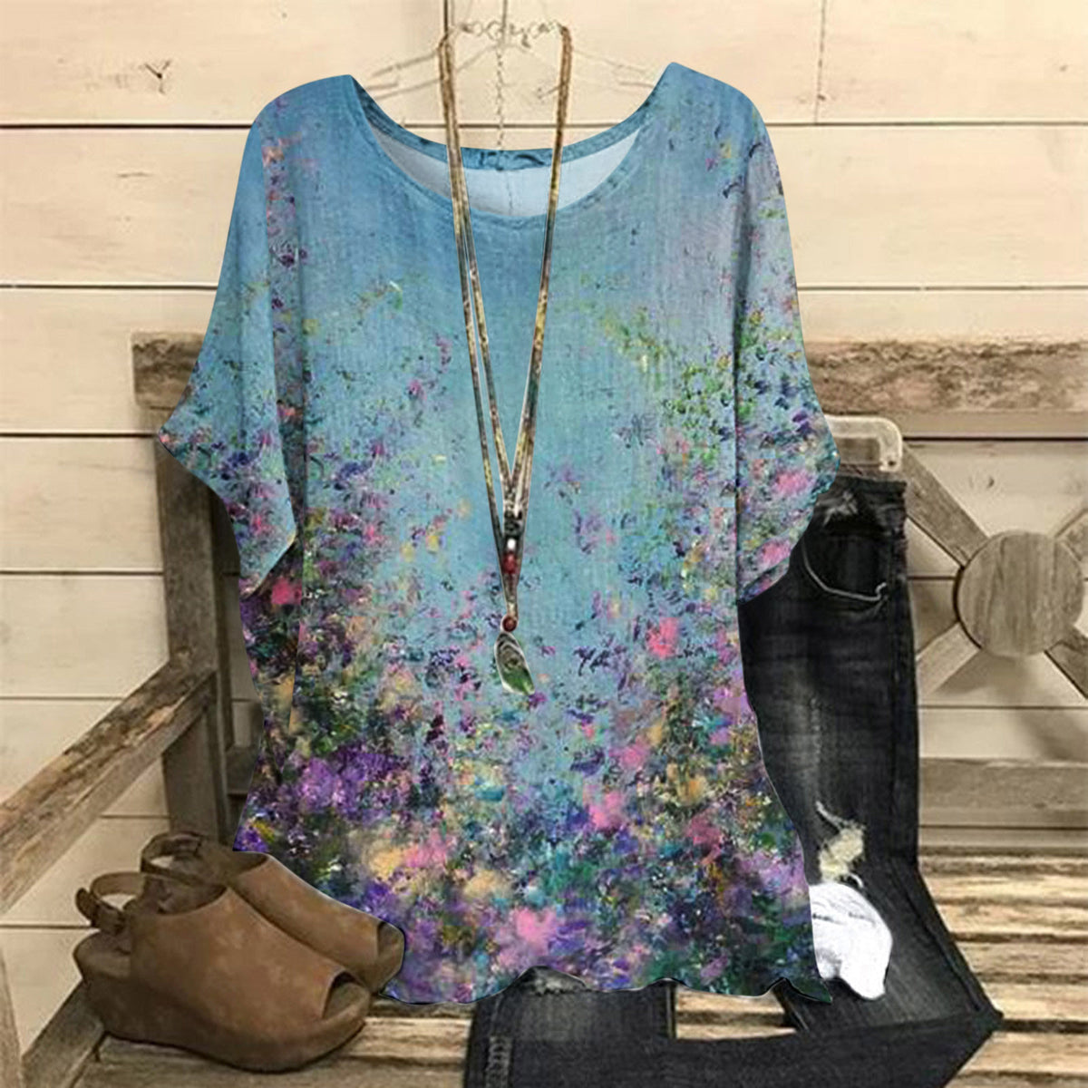 Women's Summer Loose Print Crew Neck Casual Women's T-shirt