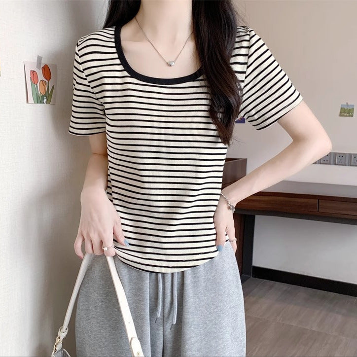 Women's Square Collar Striped Short-sleeved Summer Slim Fit Women's T-shirt