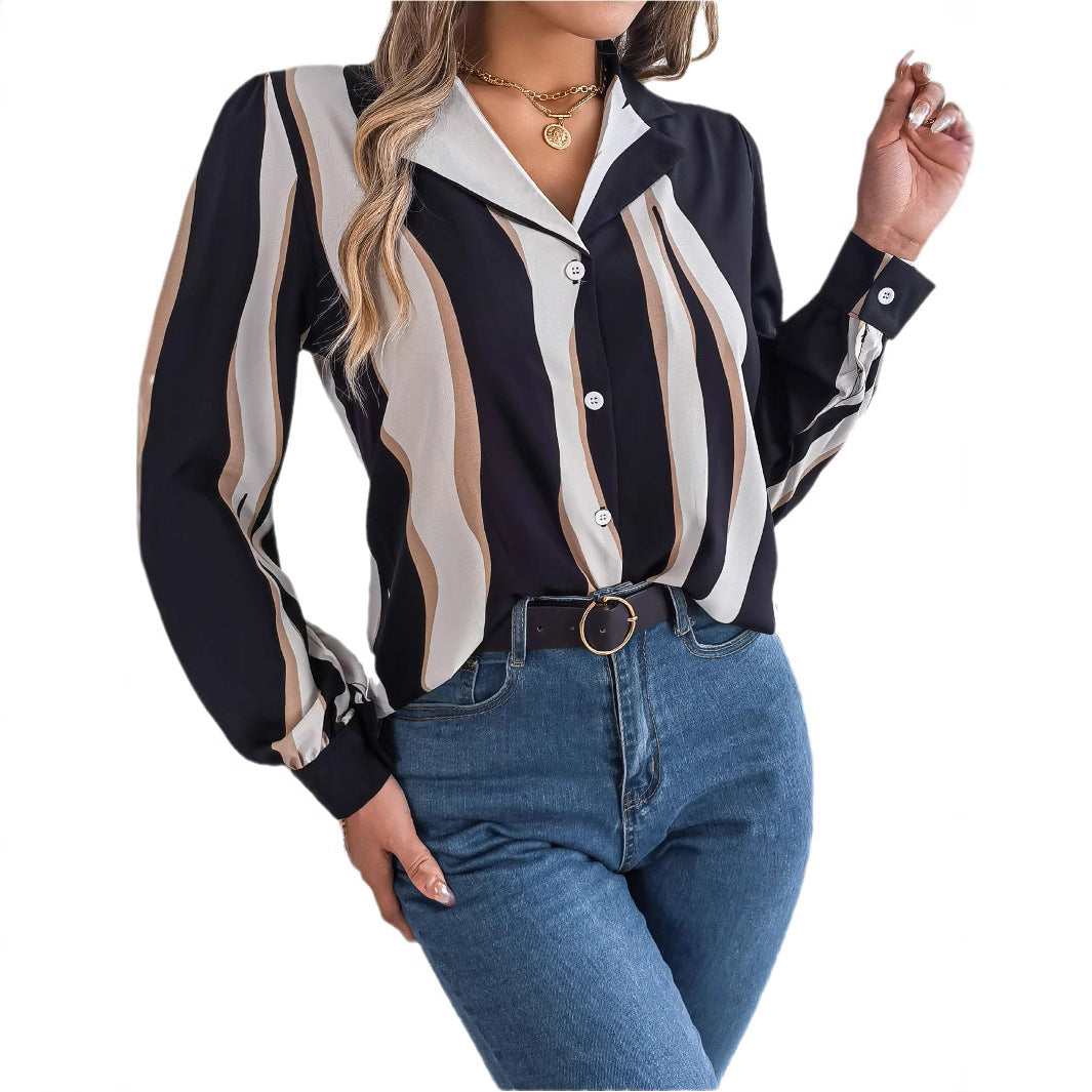 Women's Versatile Contrast Color Striped Collar Long Lace Shirt, Chiffon Shirt