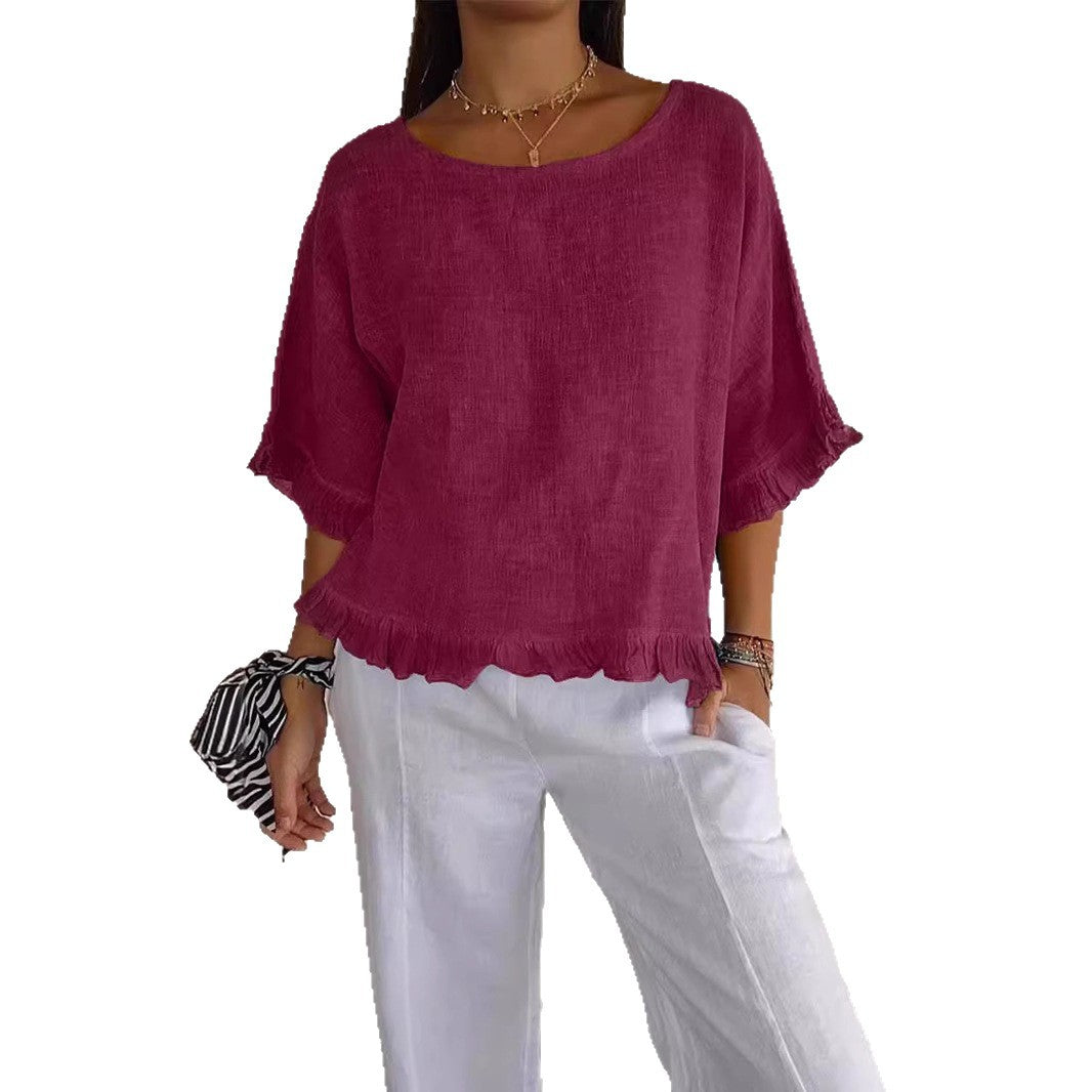 Women's Sleeve Stringy Seedge Round Neck Cotton Linen Solid Color Loose Shorts