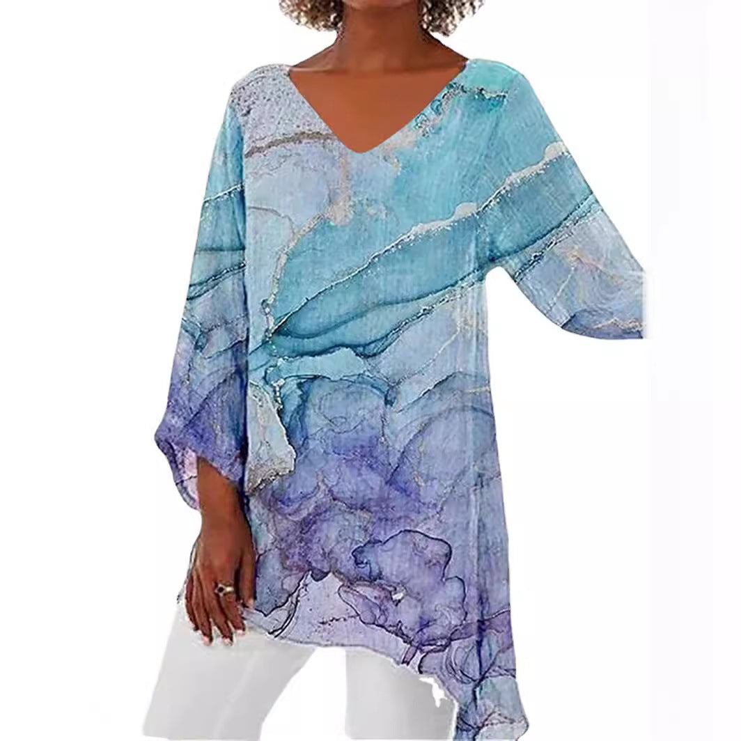Women's Leisure Loose Irregular Printed Long Sleeve Tops