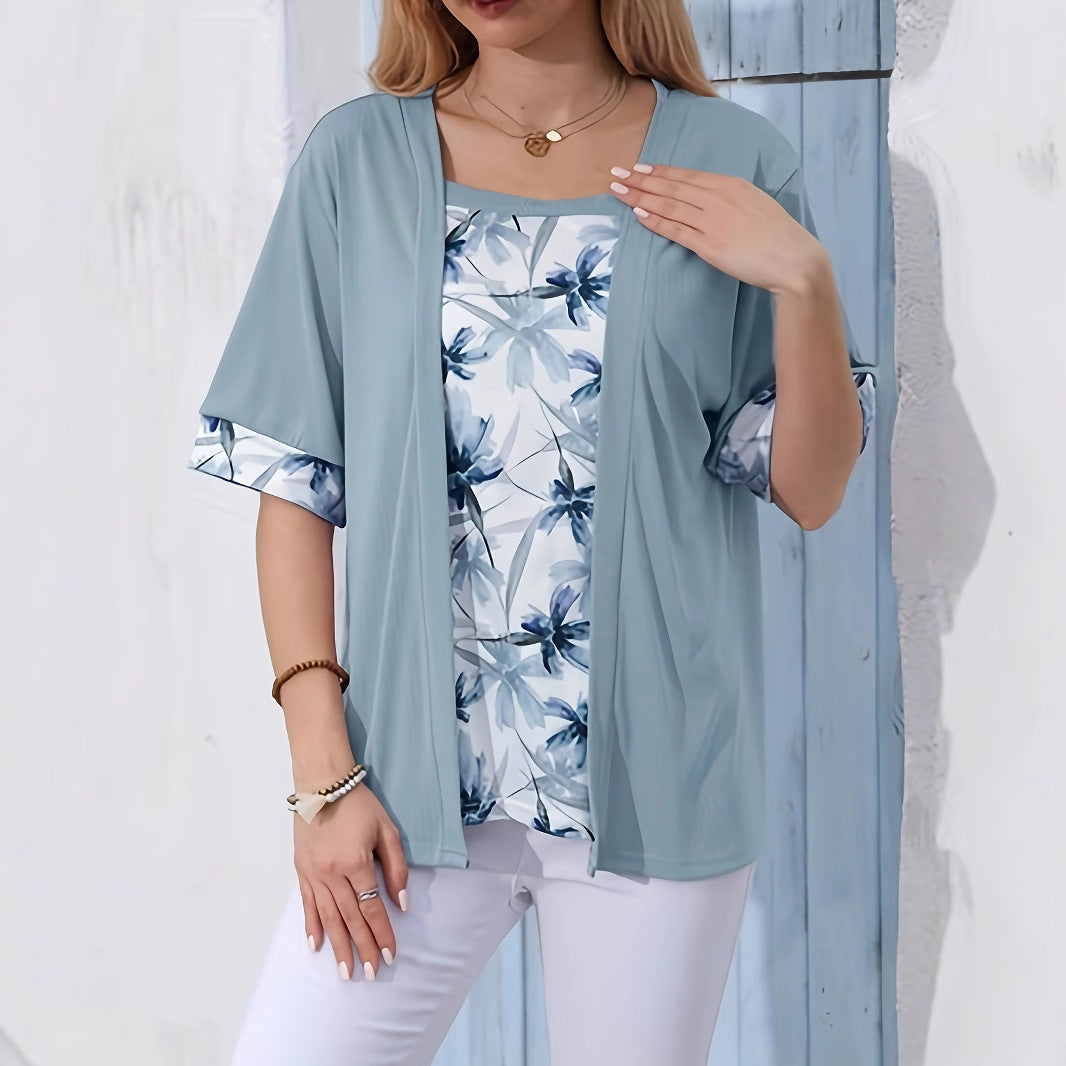 Women's Solid Color Printing Stitching Faux Two-piece Plus Size