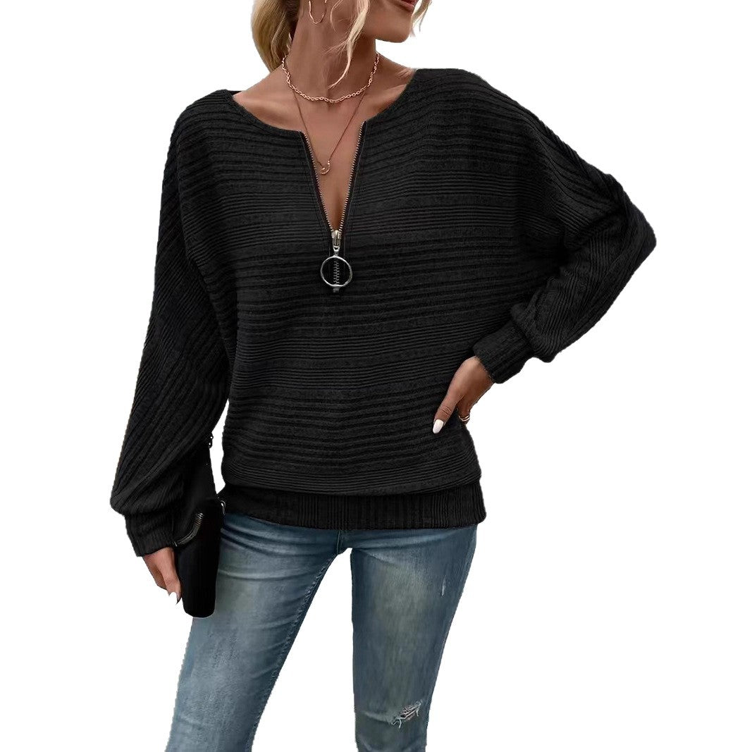 Women's Casual Solid Color Long Sleeve Zipper Women's T-shirt