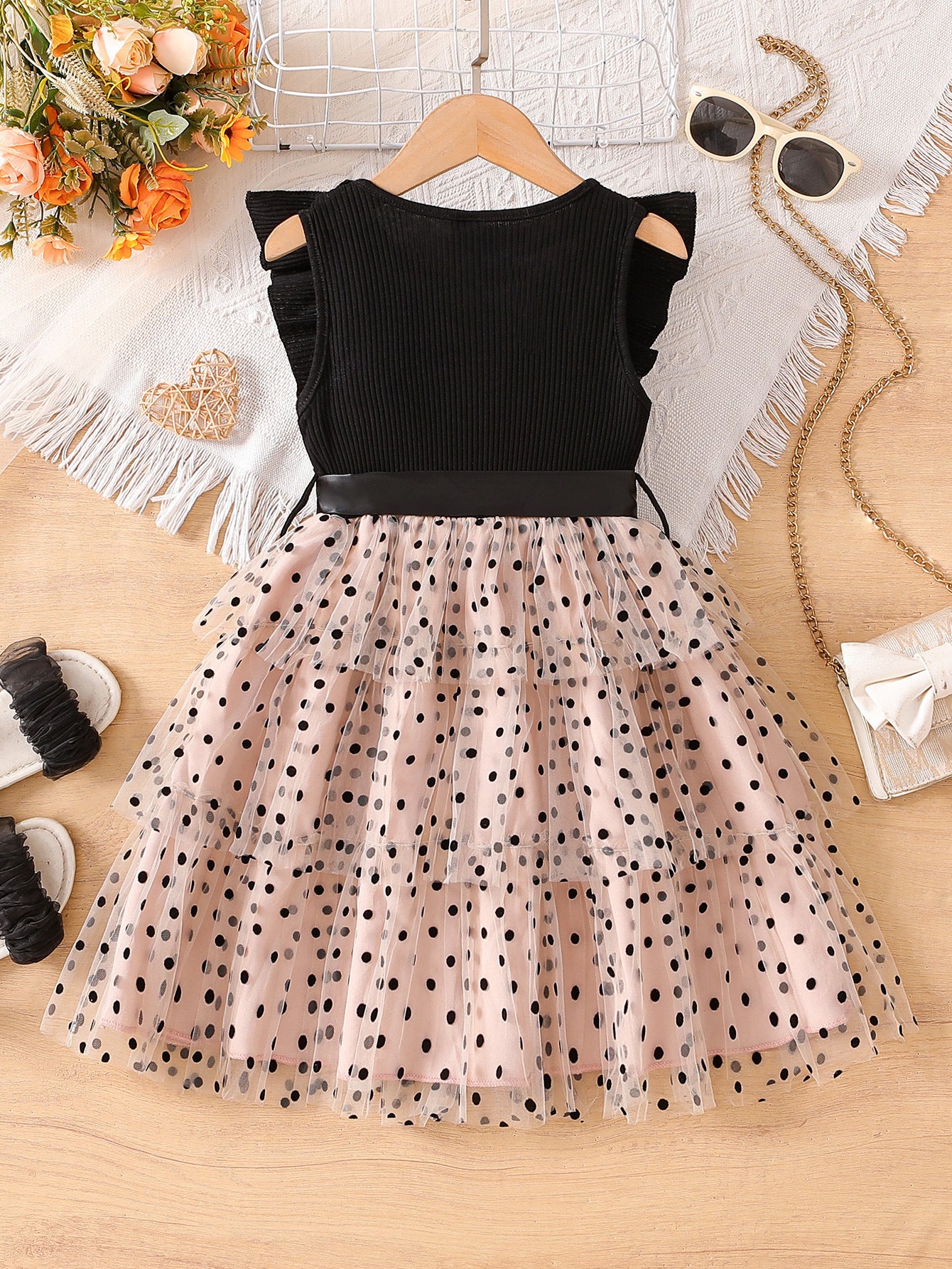 Flying Sleeves Polka Dot Mesh Princess Western Net Yarn Children's Dress